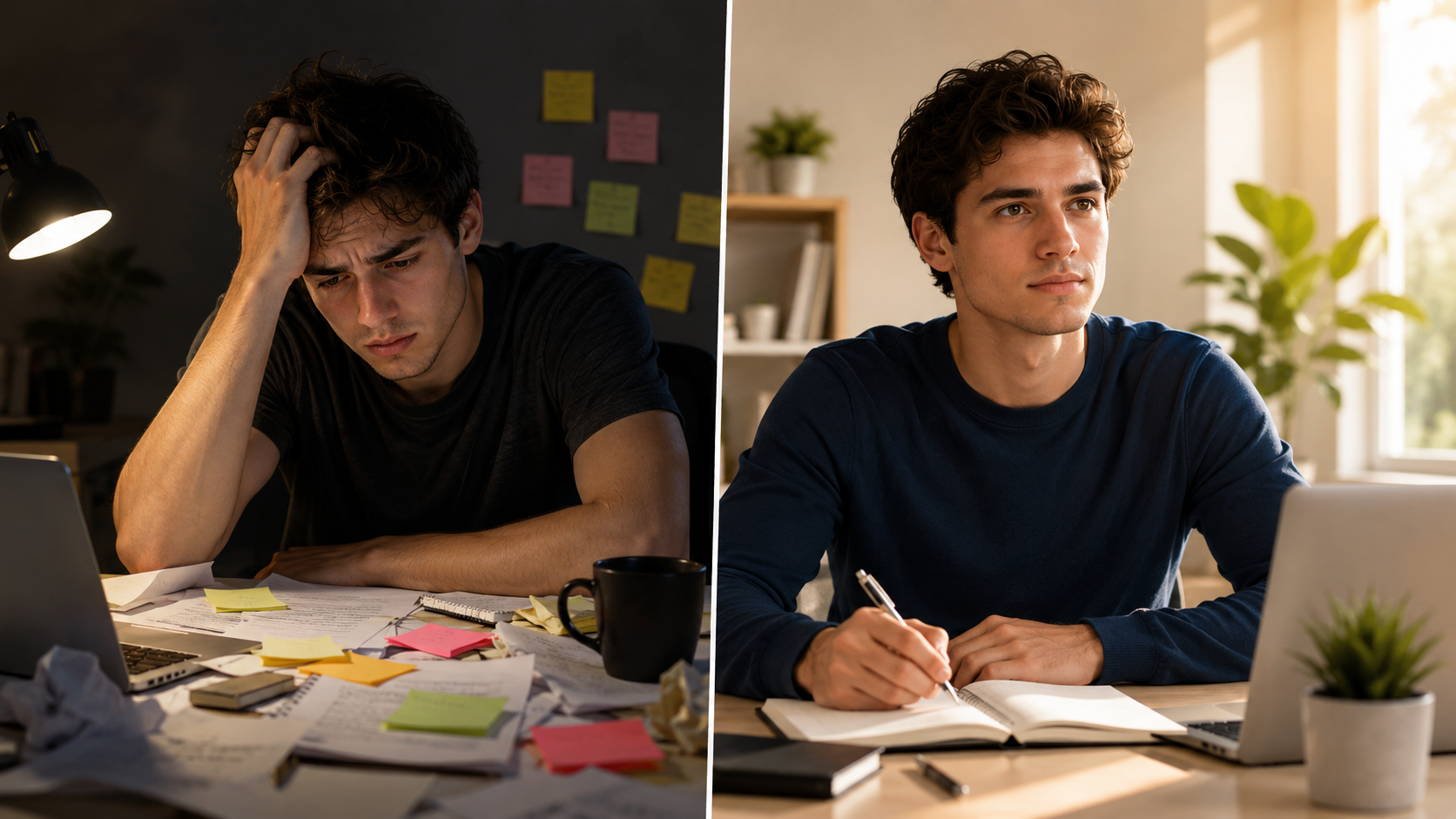 Split-screen illustration showing chaotic manual work on the left vs organized AI-assisted productivity on the right.
