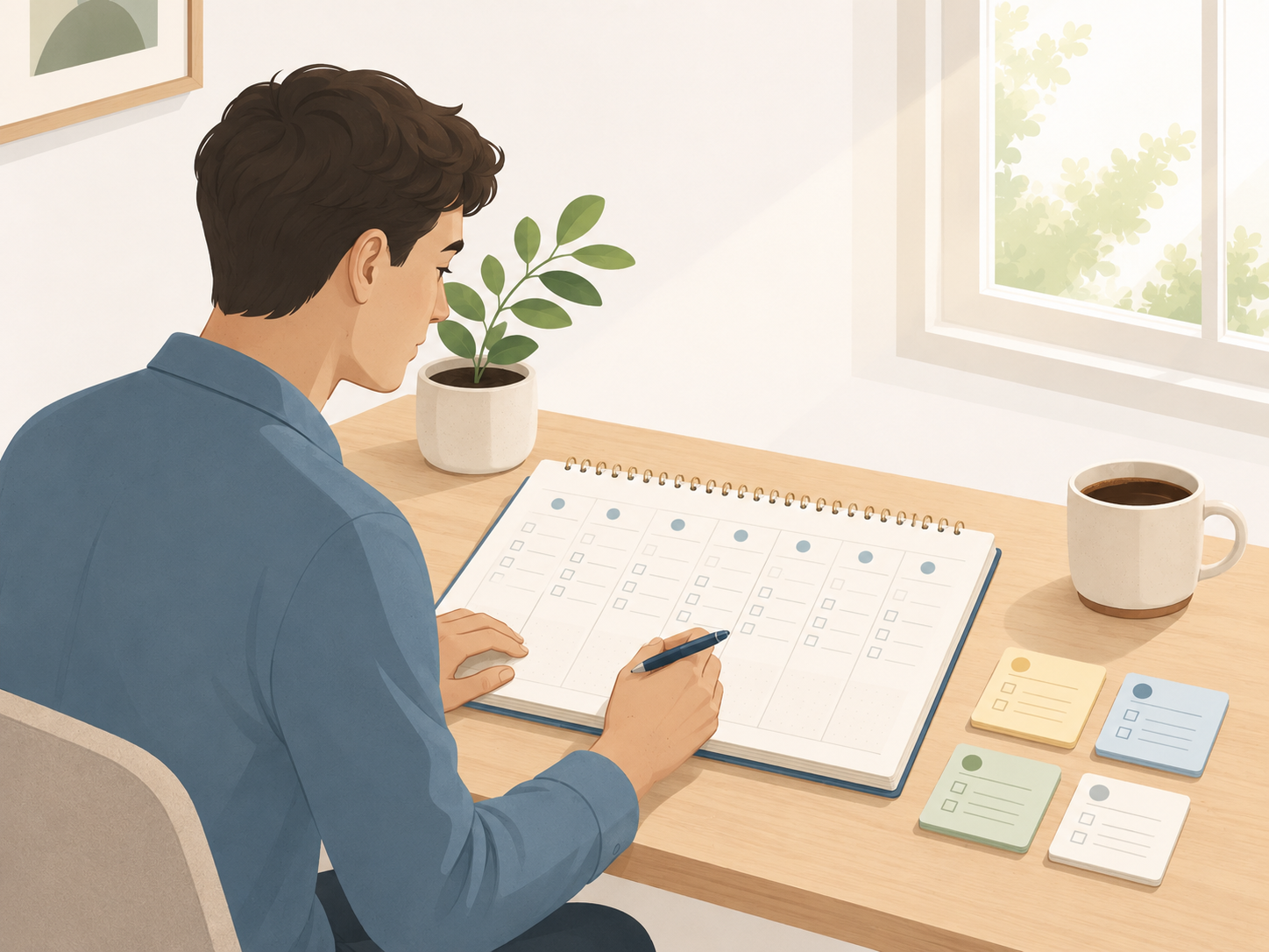 A person planning their schedule with a notebook and sticky notes — representing strategy and thoughtful design.