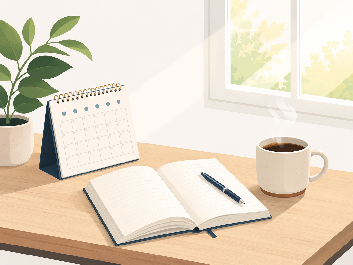 Modern workspace with notebook, coffee, and natural light — the kind of setup where AI tools get built.
