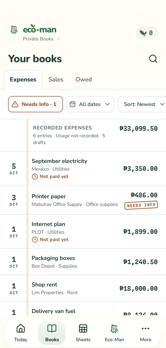 Eco-Man Books screen listing dated expenses with amounts and a Needs Info flag