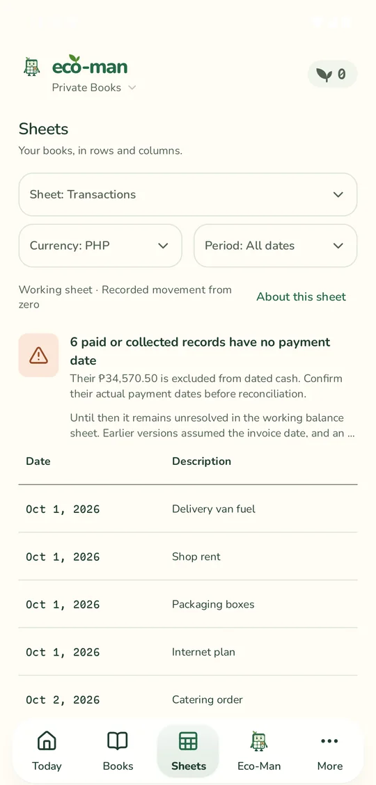 Eco-Man Sheets screen showing transactions in rows with a missing payment date warning