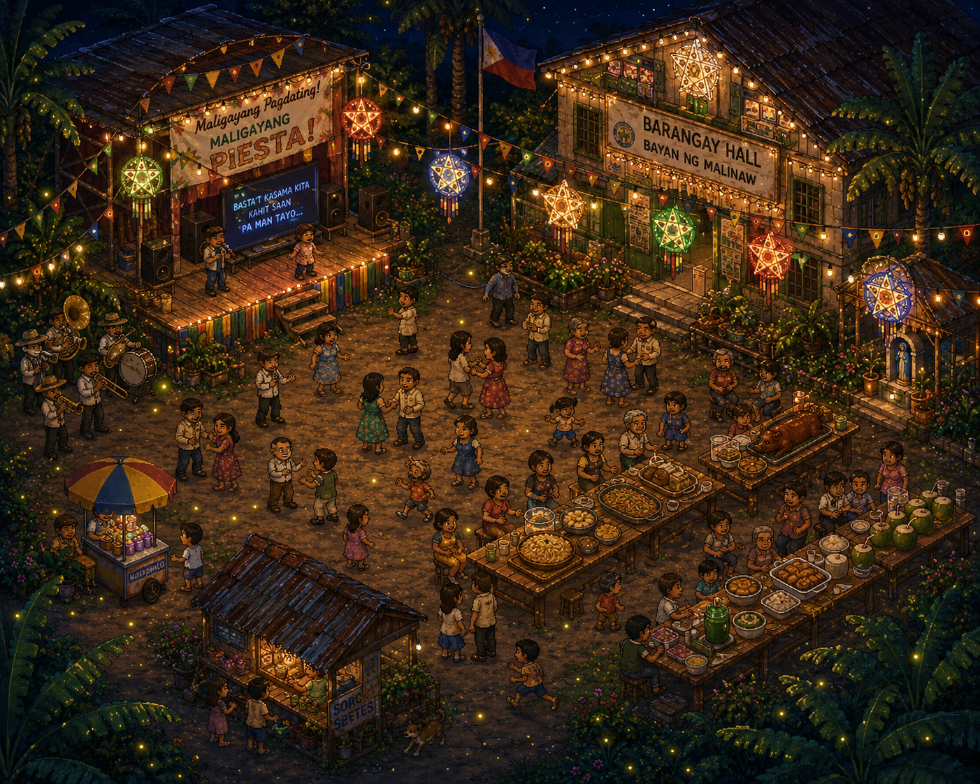 Nighttime barangay fiesta concept art with band stage, parol lights, food tables, and residents dancing in the plaza.