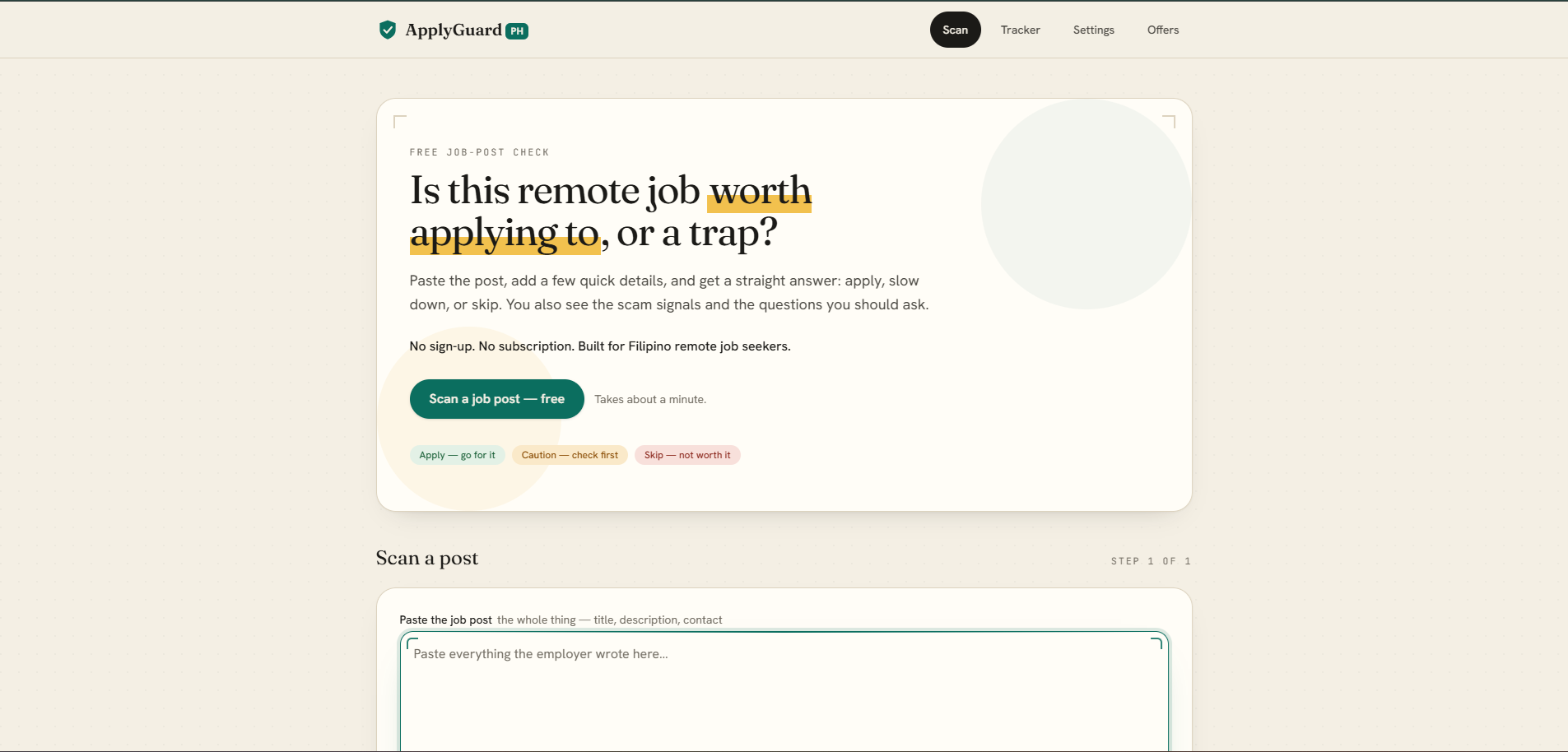 ApplyGuard PH scan page with 'Is this remote job worth applying to, or a trap?' form, Apply/Caution/Skip verdict tags, and the scan-a-post input.