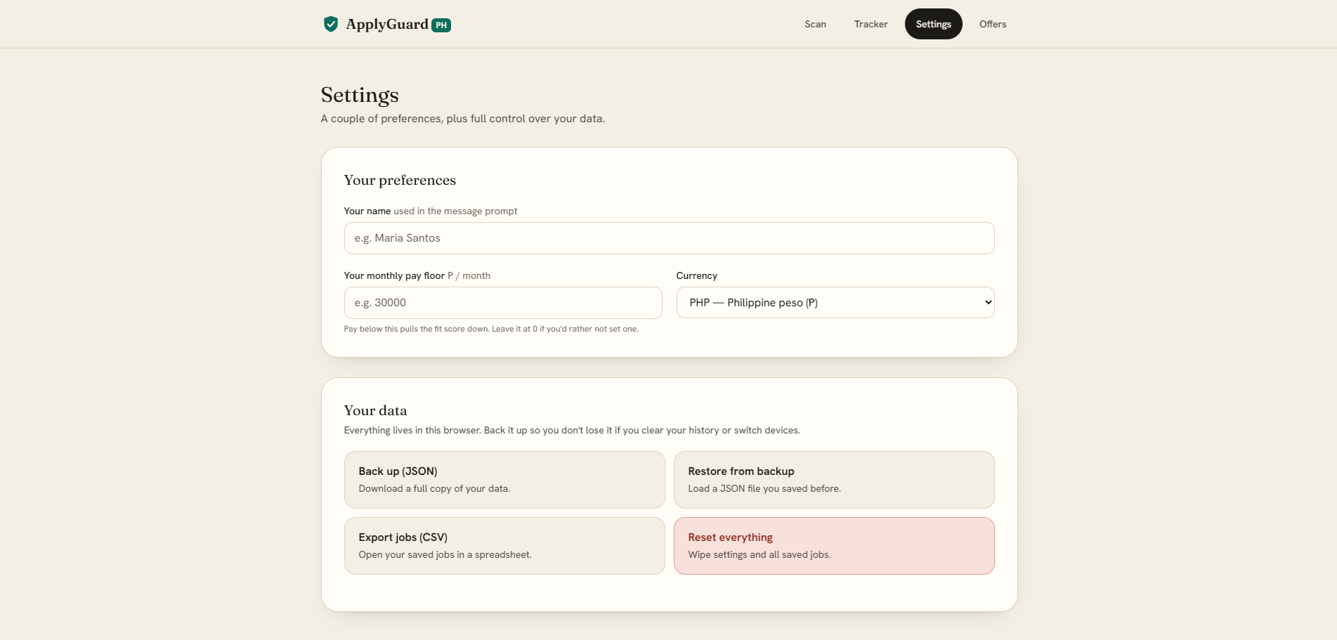 ApplyGuard PH settings page showing your preferences panel and the local data controls.