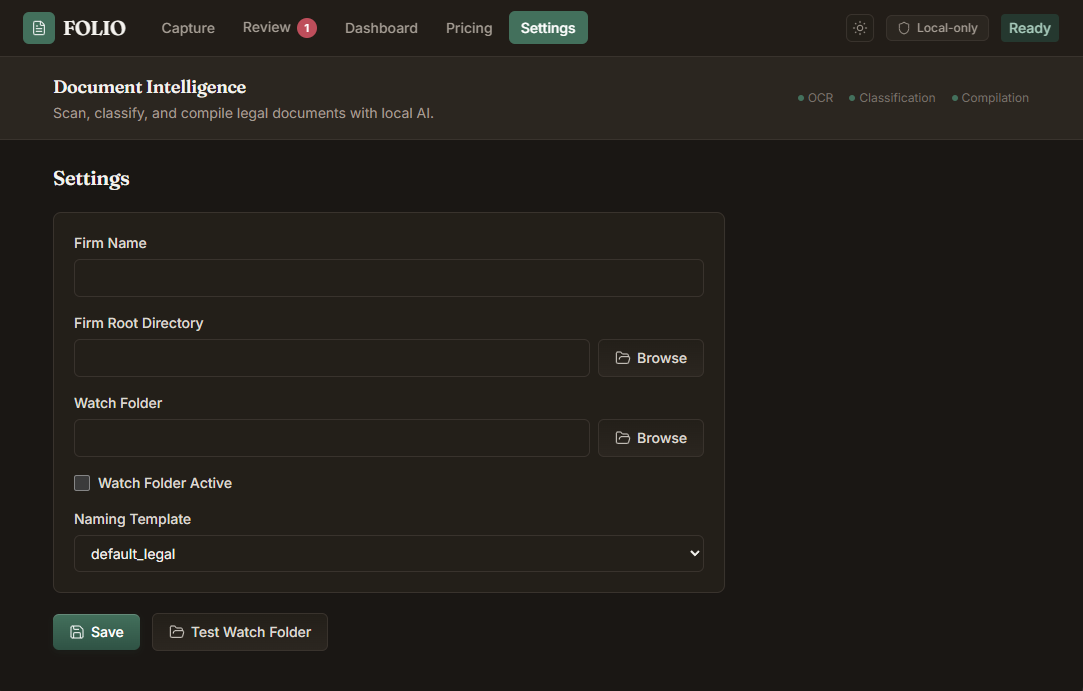 FOLIO Settings tab showing the firm-name, root directory, watch folder, naming template, and watch-folder-active controls.