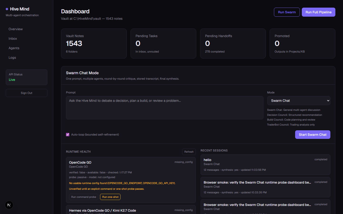 HiveMind orchestration dashboard showing inbox queue, agent registry, handoffs panel, swarm controls, vault search, and telemetry.