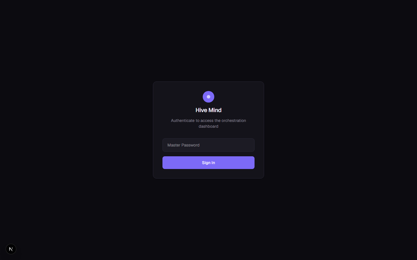 HiveMind dashboard login screen with password gate and dark editorial styling.