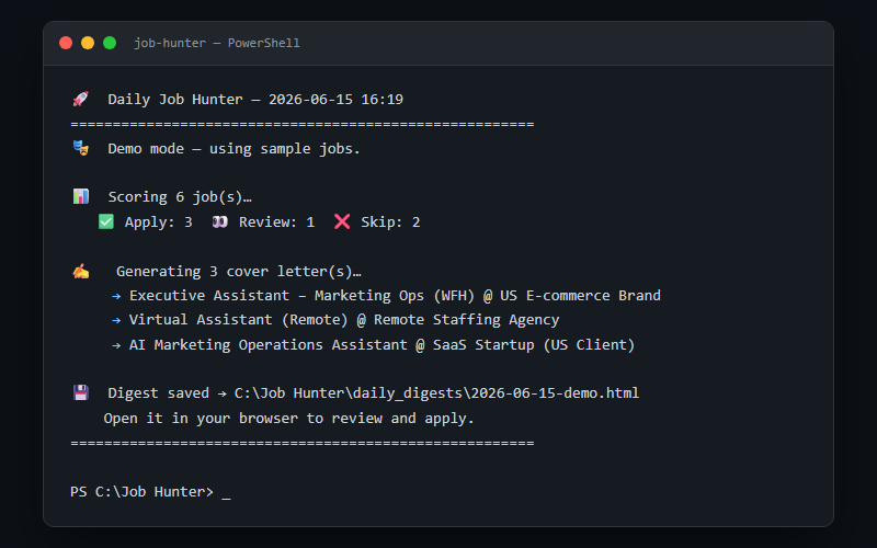 Job Hunter CLI terminal output showing the demo run scoring 6 jobs and generating 3 cover letters.