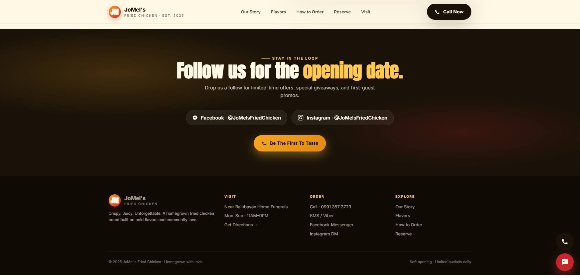 JoMel's Fried Chicken footer with 'Follow us for the opening date' CTA, Facebook and Instagram links, and contact details.