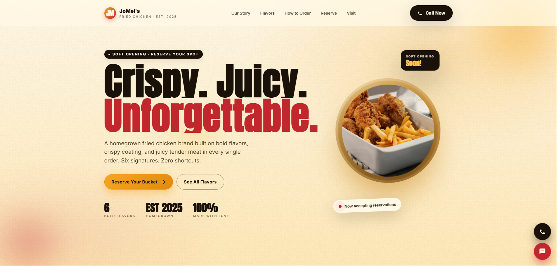 JoMel's Fried Chicken website hero section showing the 'Crispy. Juicy. Unforgettable.' headline with fried chicken photo and Reserve Your Bucket CTA.