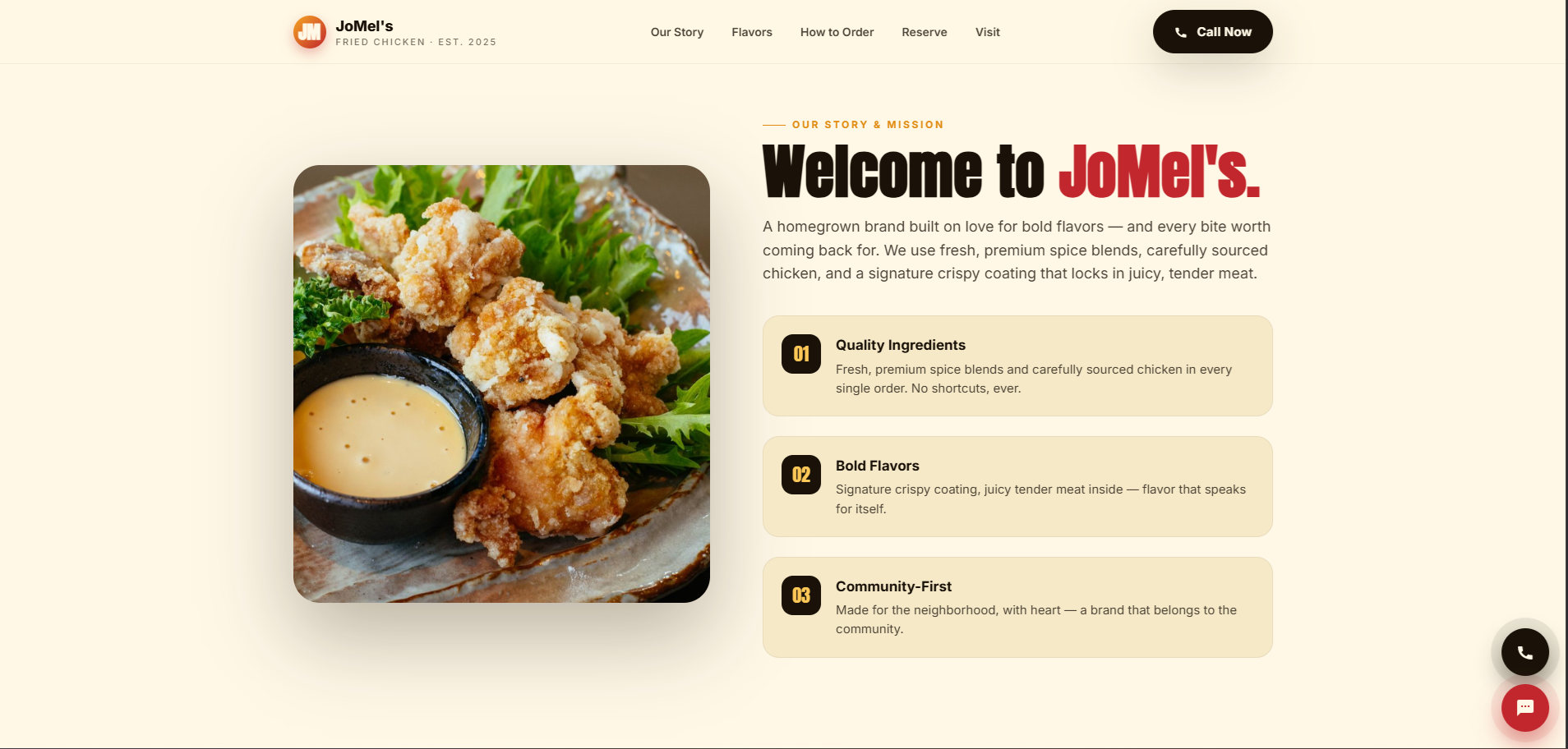 JoMel's Fried Chicken 'Our Story & Mission' page with fried chicken photo and three numbered points — Quality Ingredients, Bold Flavors, Community-First.