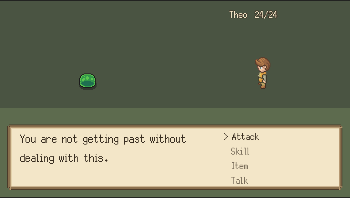 Long Way Around battle scene with Theo 24/24 HP facing a green slime, with Attack/Skill/Item/Talk action menu.