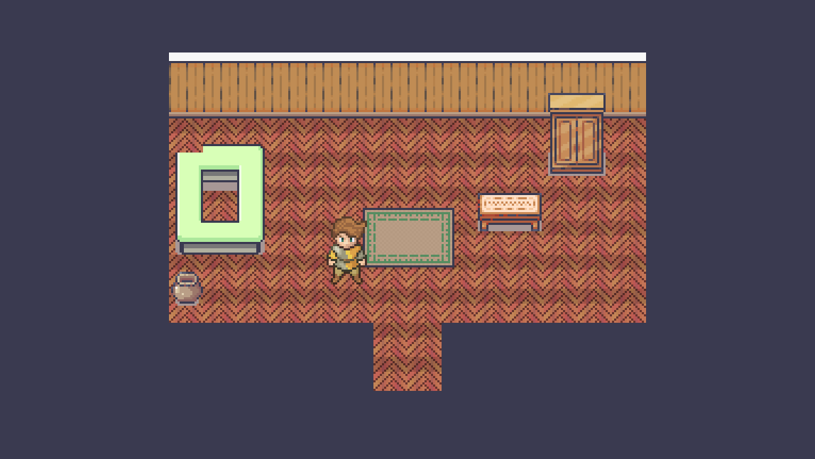 Long Way Around screenshot of Theo standing in room A of the pixel RPG with a green wall, chest, and patterned floor.