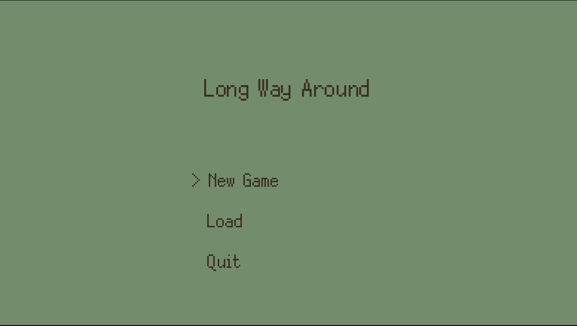 Long Way Around title screen with New Game, Load, and Quit options on a green background.