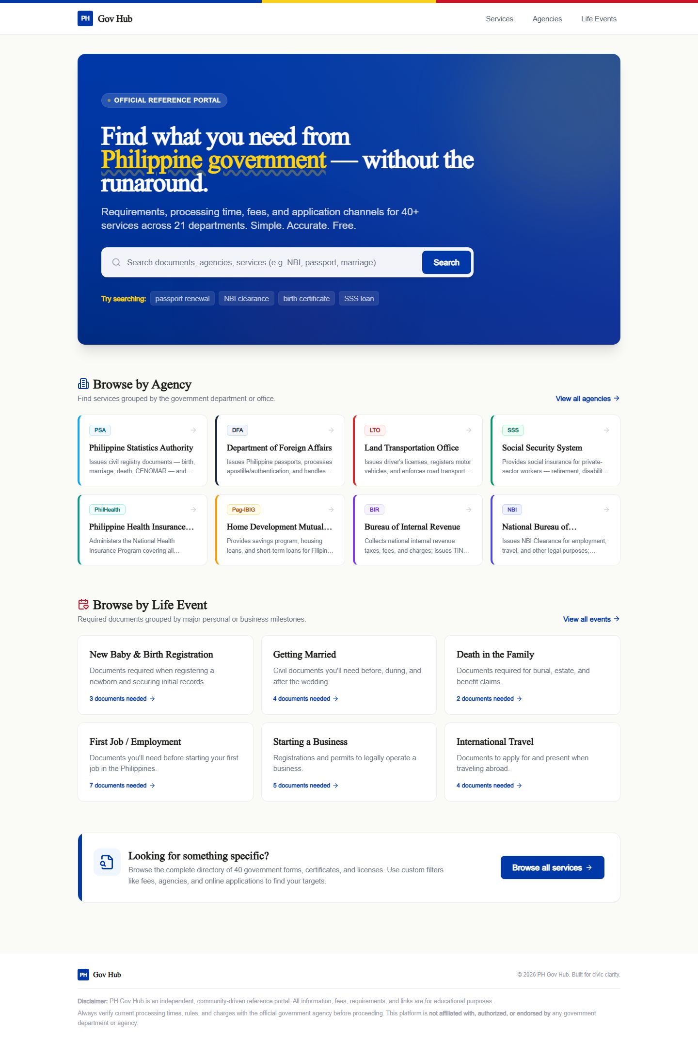 Philippine Government Hub screenshot showing the search and service directory.