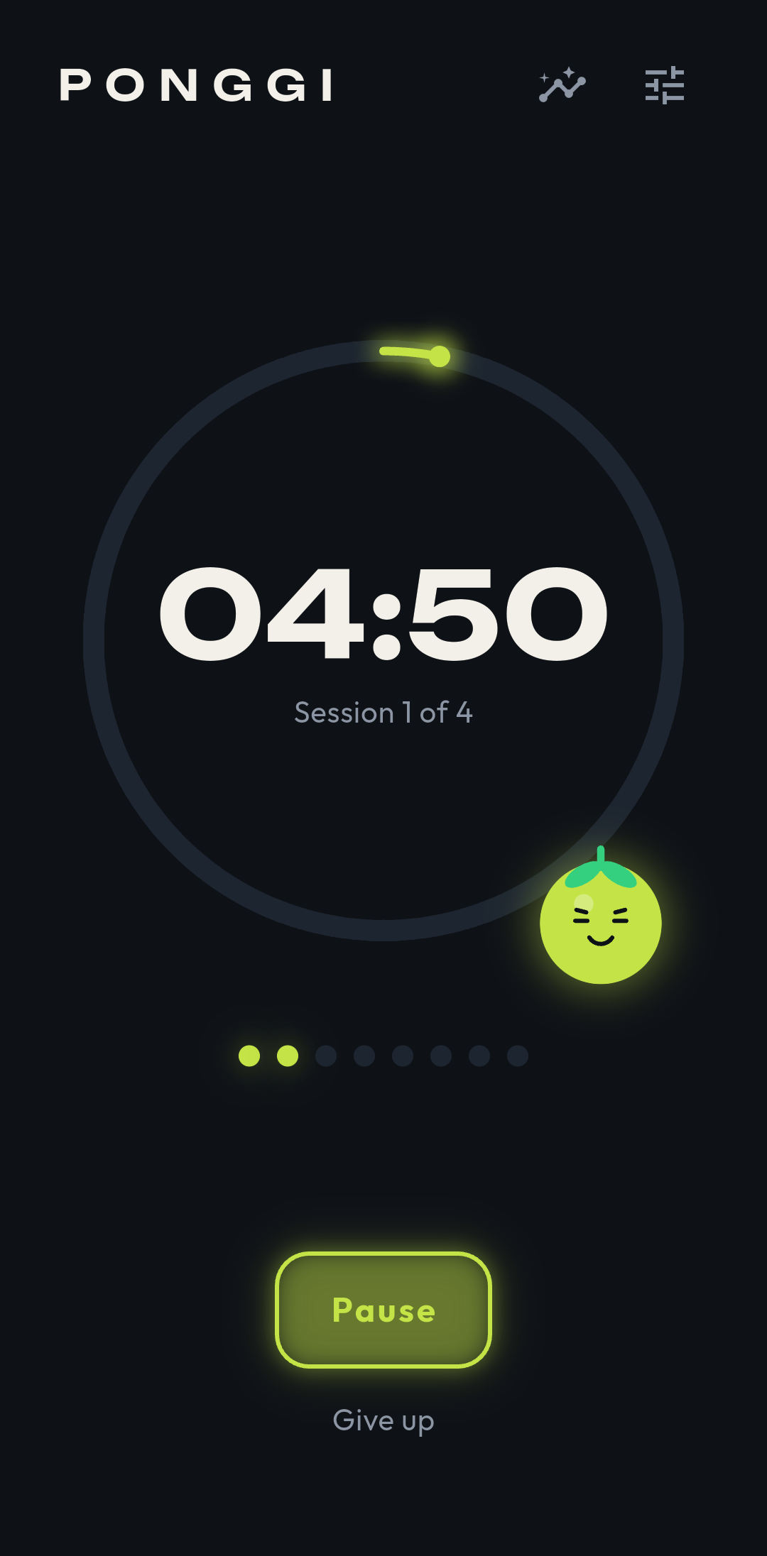 Ponggi desktop app mid-focus with the timer at 04:50, Session 1 of 4, and Pause/Give up controls.