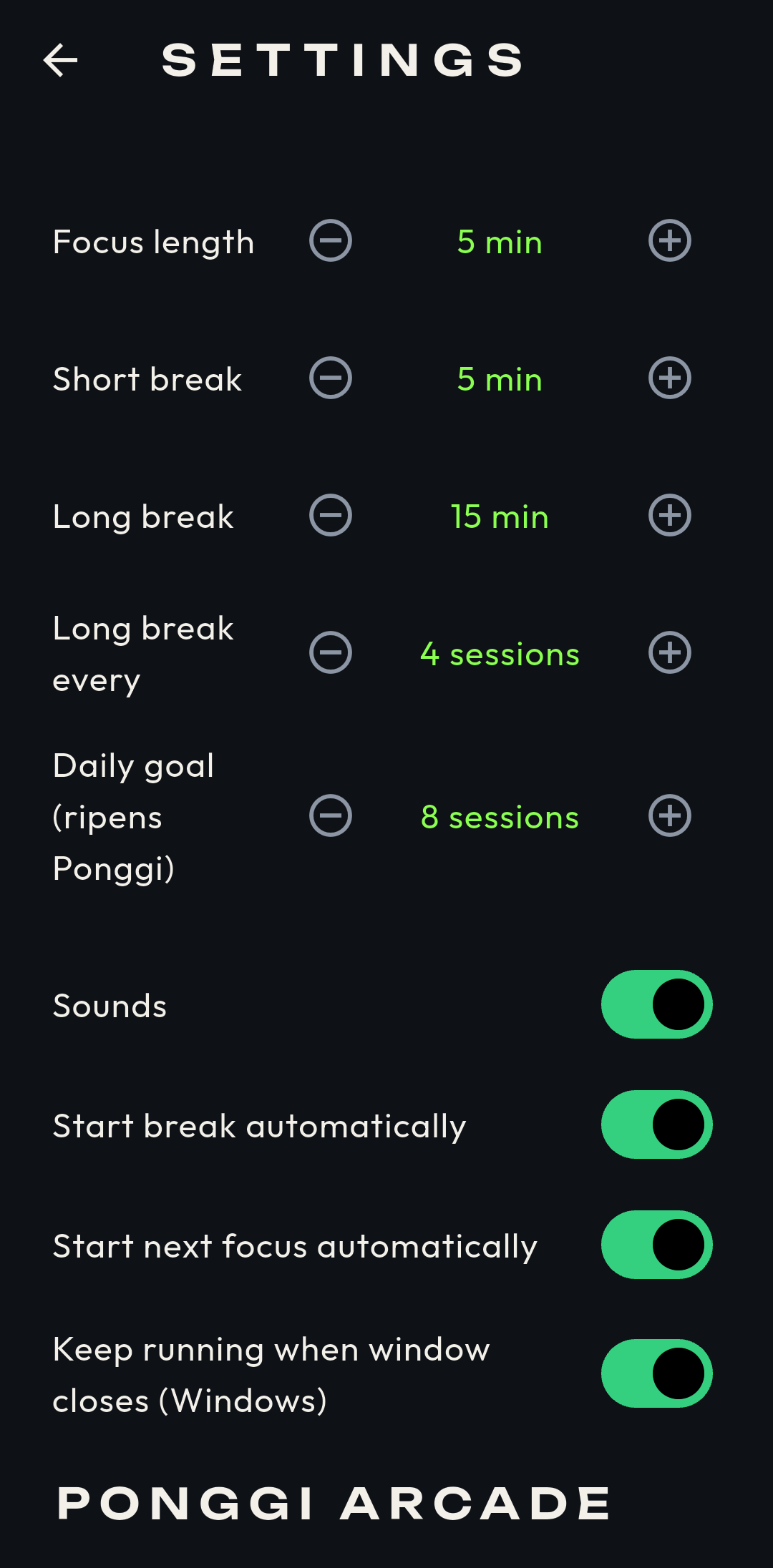 Ponggi desktop app settings page showing focus length, short/long break durations, sessions, daily goal, sounds, and auto-start toggles.