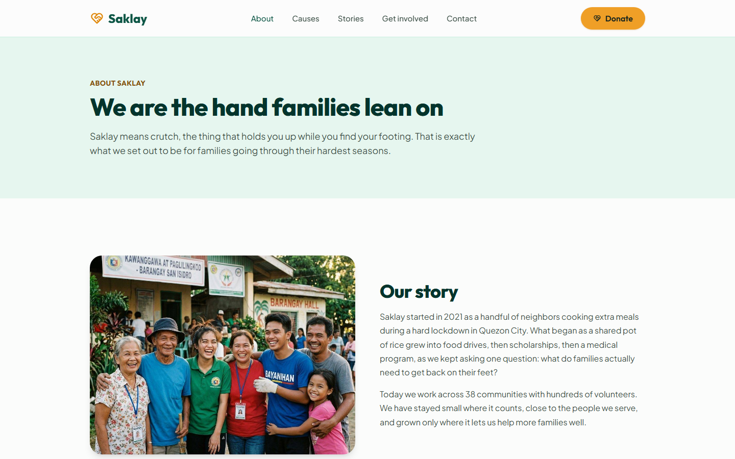 Saklay about page with organization story and team context.