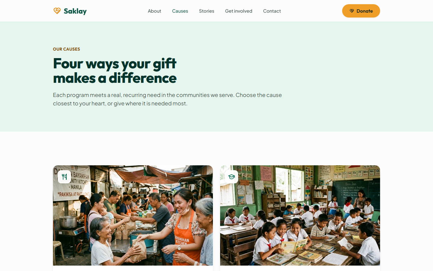 Saklay causes page showing food, education, medical aid, and disaster relief program cards.