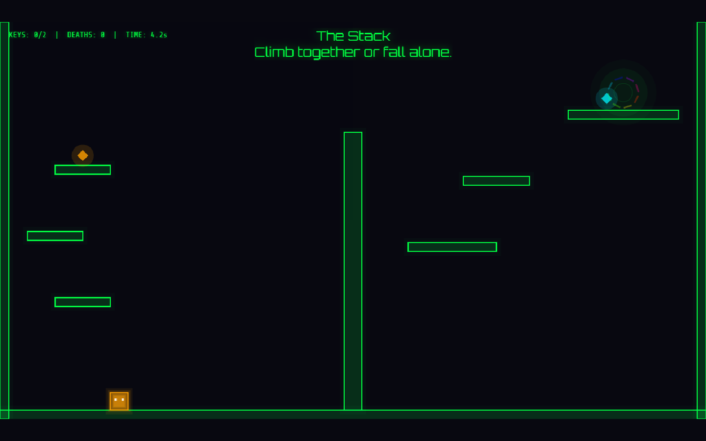 SPLATZ in-game level with neon platforms, matrix rain background, player entities, and HUD showing key fragments and timer.