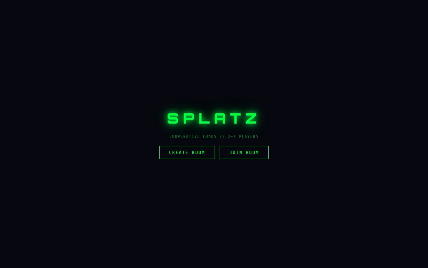 SPLATZ game lobby with neon matrix background, room code field, and create/join controls.