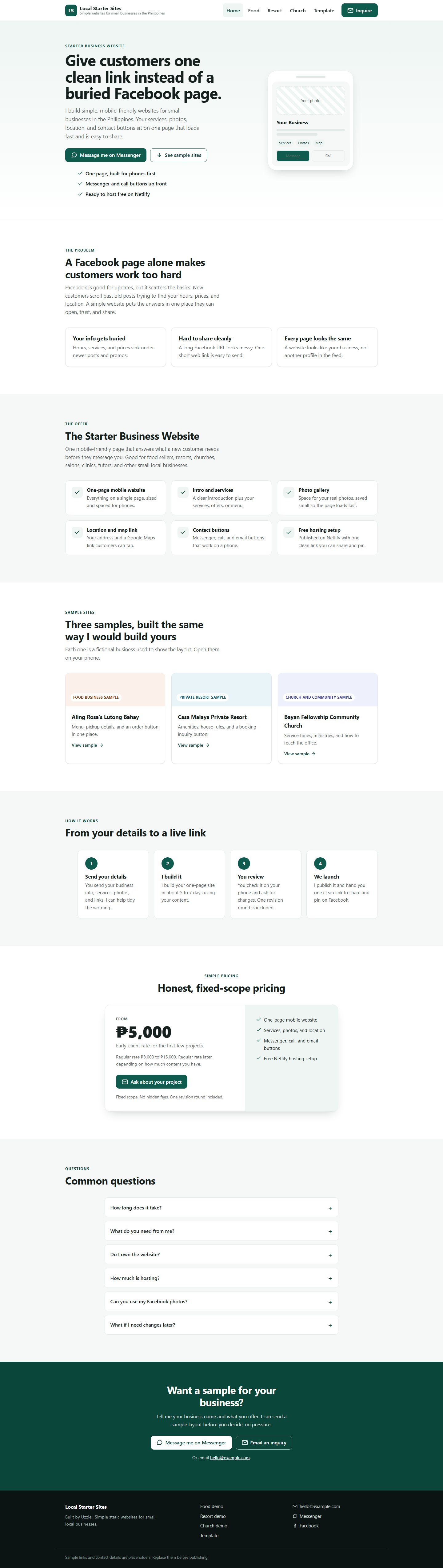 Starter Business Website landing page showing the food, resort, and church demo templates.