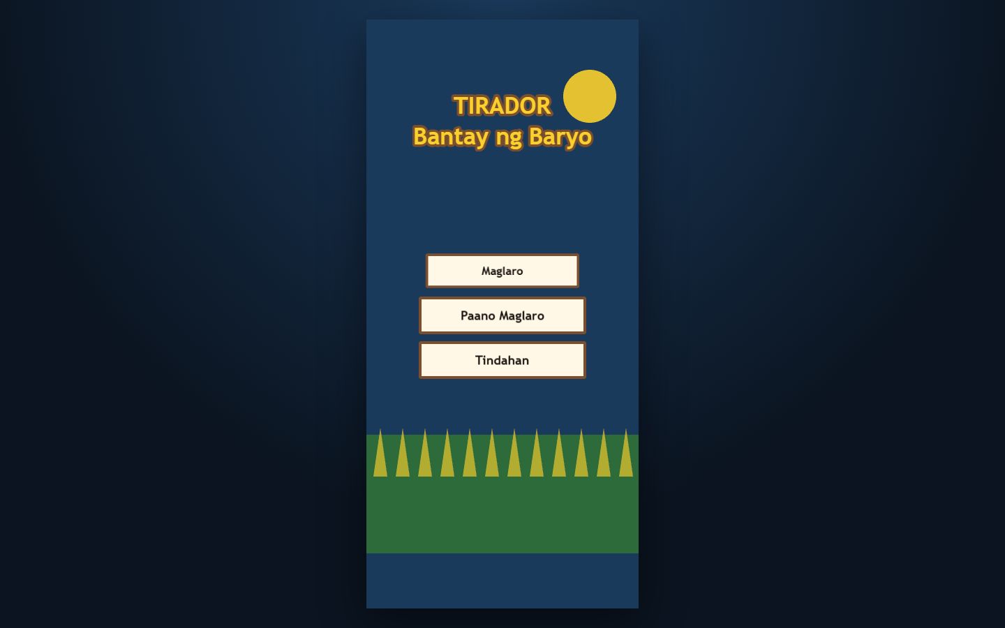 TIRADOR Phaser web build screenshot showing the barangay arena in the browser.
