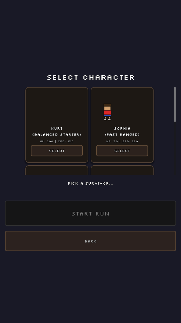 TIRADOR character select screen showing playable barangay survivors with slingshot loadouts.