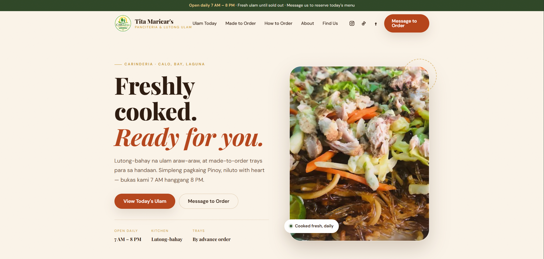 Tita Maricar's Carinderia website hero showing 'Freshly cooked. Ready for you.' with pancit canton photo, View Today's Ulam and Message to Order buttons.