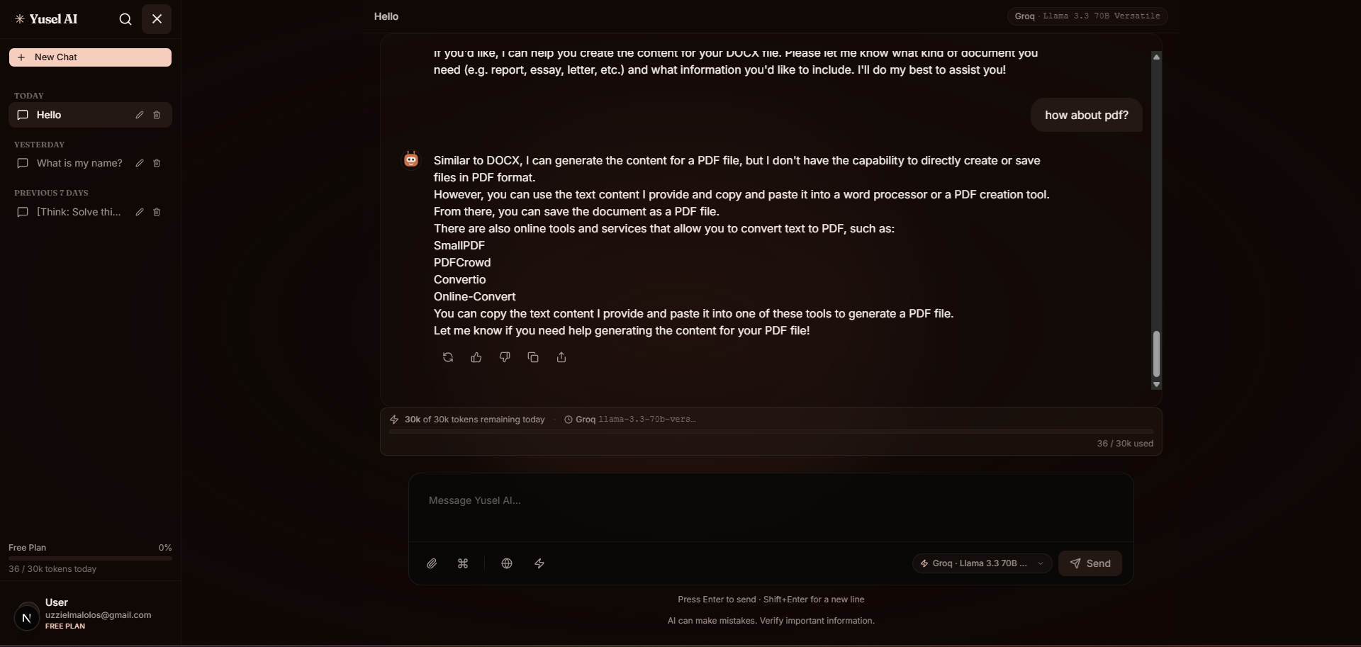 Yusel AI chat interface with the sidebar (Hello chat, previous 7 days), main conversation, and Groq llama-3.3-70b-versatile model selector with 30k of 30k tokens remaining.
