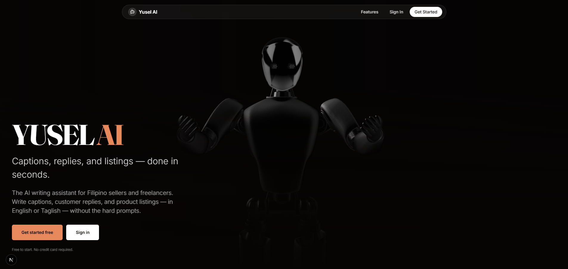 Yusel AI landing page showing the Yusel AI logo, 'Captions, replies, and listings — done in seconds' headline, Get started free and Sign in buttons, and the dark humanoid mascot on a black background.