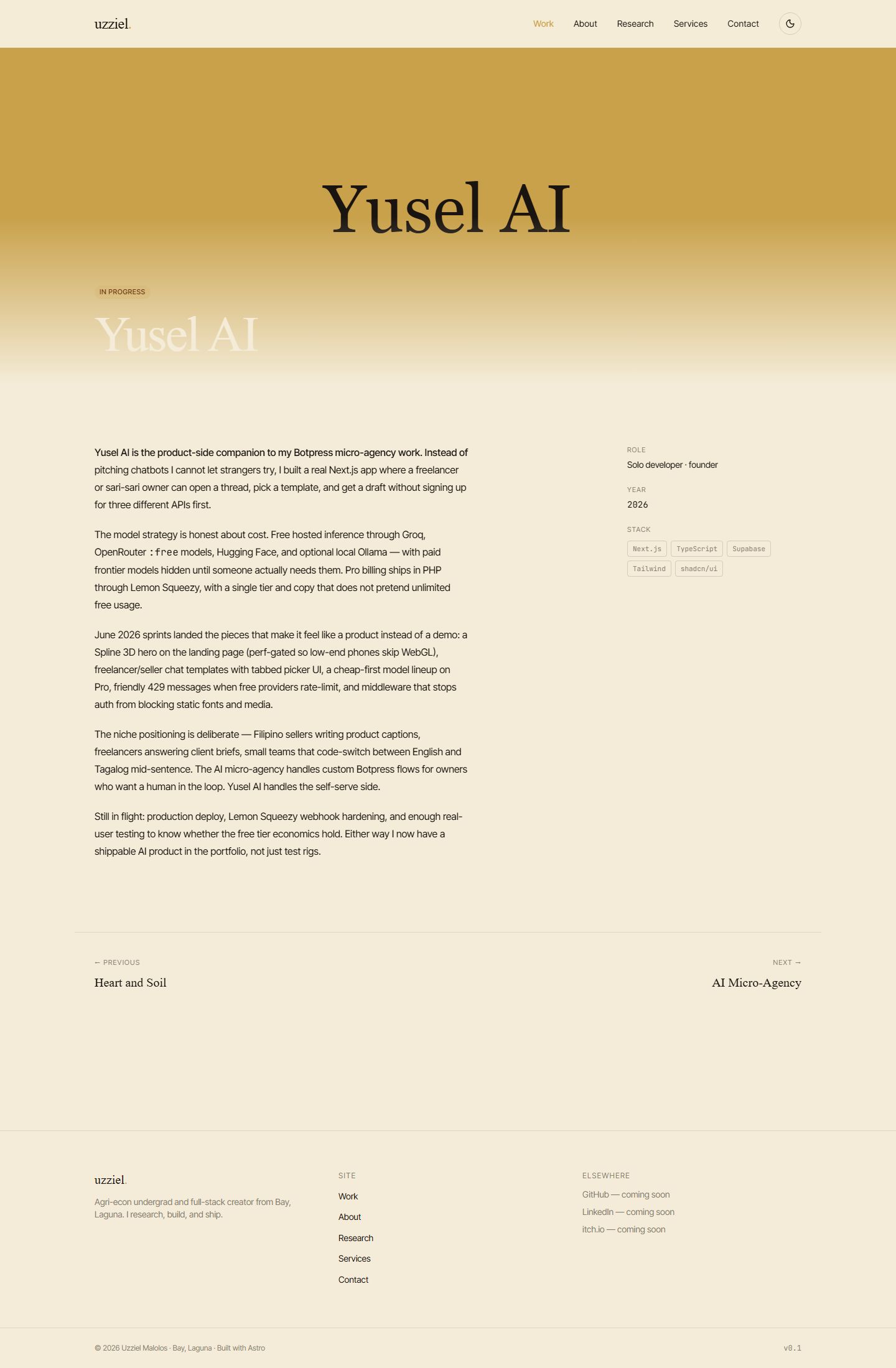 Yusel AI case study page on the portfolio